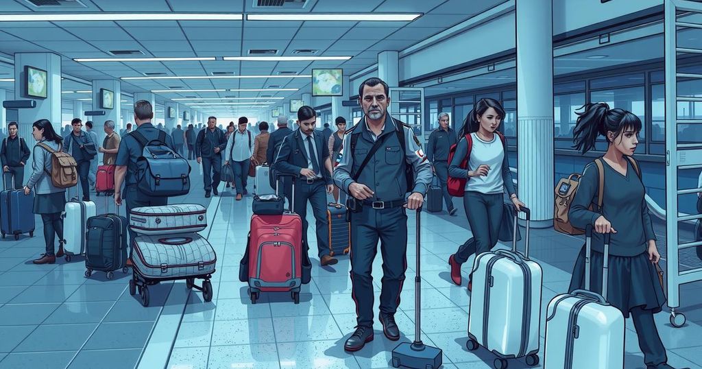 Miami International Airport bustling with travelers amidst a travel ban, displaying caution and uncertainty.