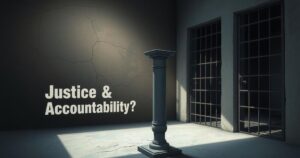 A somber scene in a Kenyan cell with muted colors symbolizing justice and accountability.