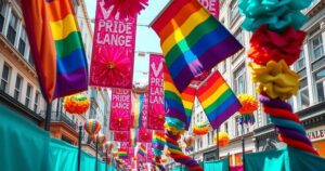 Colorful banners and decorations at a vibrant pride parade under a clear blue sky.