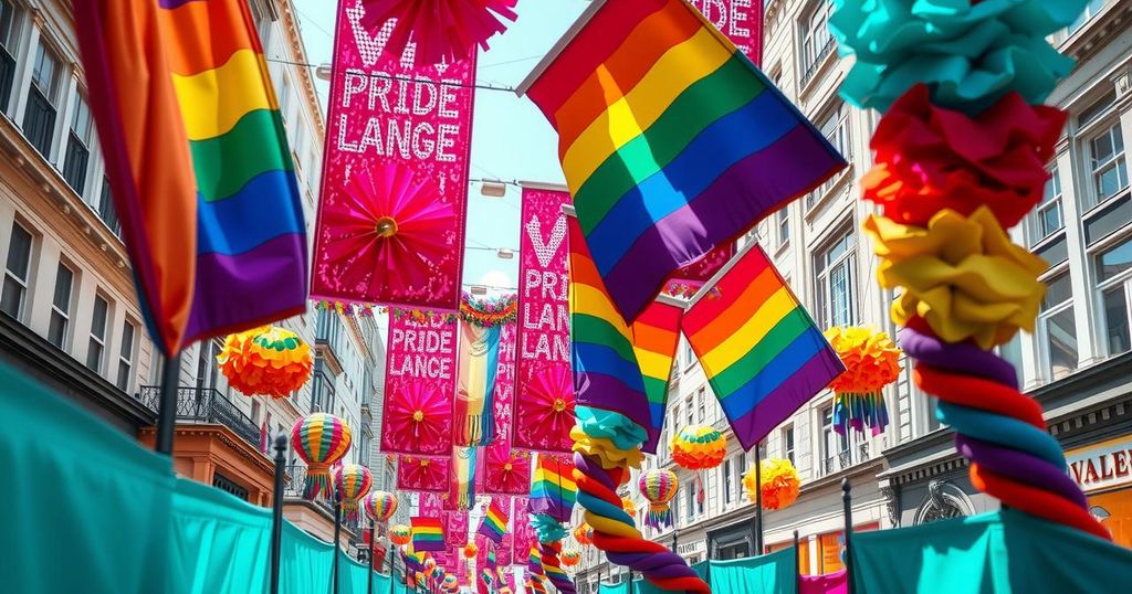 Colorful banners and decorations at a vibrant pride parade under a clear blue sky.