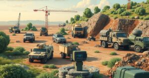 Construction landscape with military vehicles and workers, showing cooperation between North Korea and Russia.