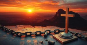 A powerful scene symbolizing justice with a broken chain and a solitary cross against a sunset backdrop in South Africa.