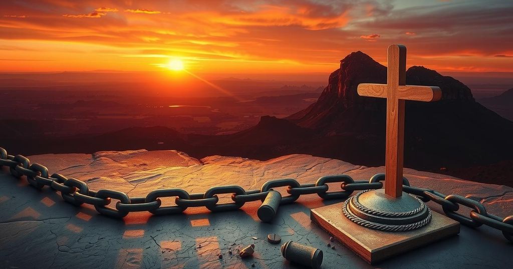 A powerful scene symbolizing justice with a broken chain and a solitary cross against a sunset backdrop in South Africa.