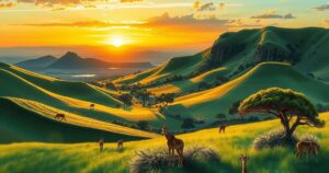 Colorful landscape of South Africa showcasing wildlife, rolling hills, and vibrant sunset in a serene setting.