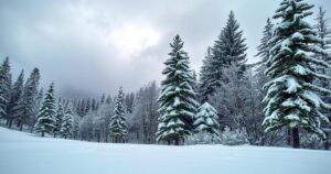 Snow-covered landscape in Glacier Park during winter with cloudy skies and tall trees.