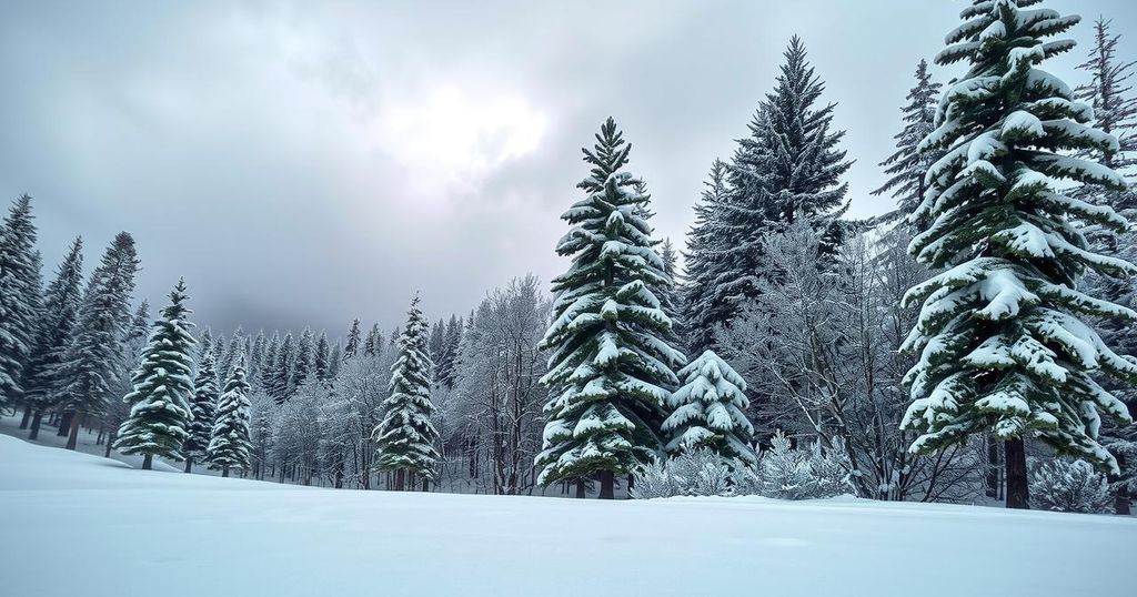 Snow-covered landscape in Glacier Park during winter with cloudy skies and tall trees.