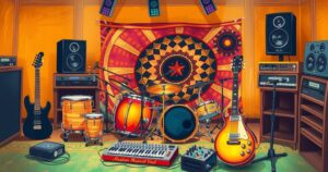 A vibrant Ugandan music scene with instruments and sound equipment, showcasing artistic expression and culture.