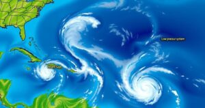 A detailed map showing tropical weather patterns and ocean conditions in the Atlantic and Gulf regions.