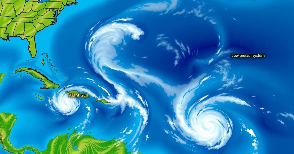A detailed map showing tropical weather patterns and ocean conditions in the Atlantic and Gulf regions.