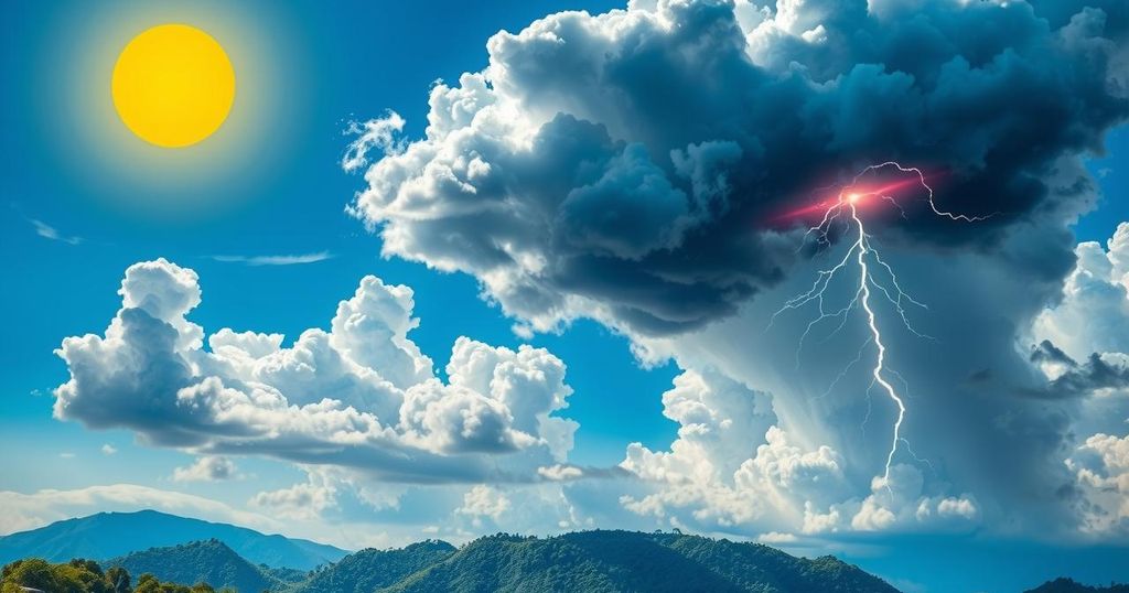 Colorful landscape depicting mixed weather conditions with sunny skies, thunderstorms, and misty hills in Ghana.