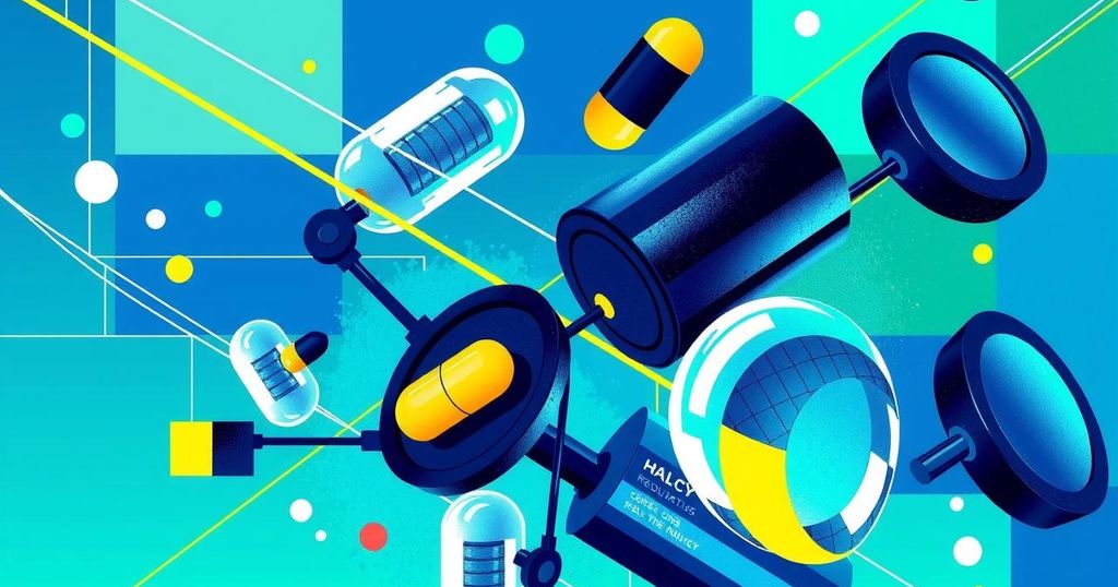 Abstract representation of pharmaceutical regulation featuring vibrant colors and geometric patterns.