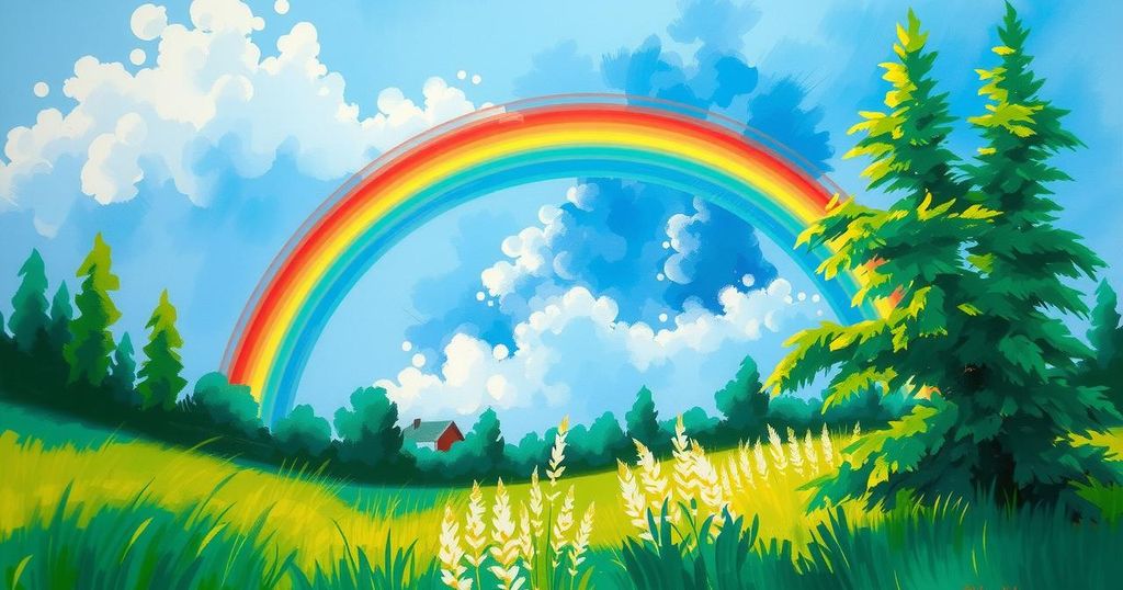 Vibrant landscape after a rainstorm with lush greenery and a rainbow in the sky, capturing the serenity after rainfall.