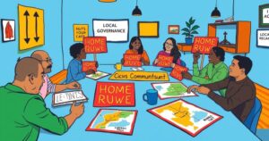 Vibrant discussion scene around local governance with colorful signs and maps representing home rule in Colorado.
