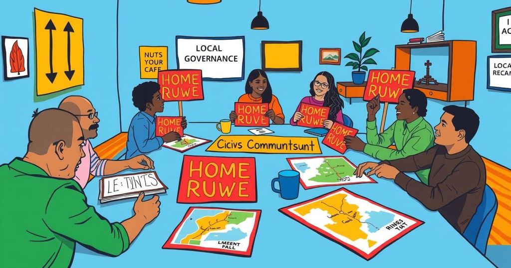 Vibrant discussion scene around local governance with colorful signs and maps representing home rule in Colorado.