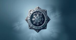 A police emblem with blurred background, representing law enforcement and accountability themes.