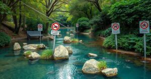 A tranquil creek surrounded by lush greenery, warning signs about swimming, and hidden dangers like rocks and debris.