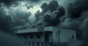 A somber scene depicting a police station in Nairobi with dark clouds overhead, representing tension.