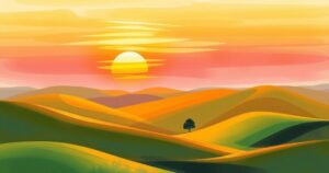 A landscape depicting a serene natural scene with rolling hills and a vivid sunset in warm colors.