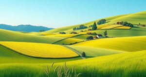 Resettlement landscape showcasing green fields and simple housing under a clear blue sky, symbolizing hope.