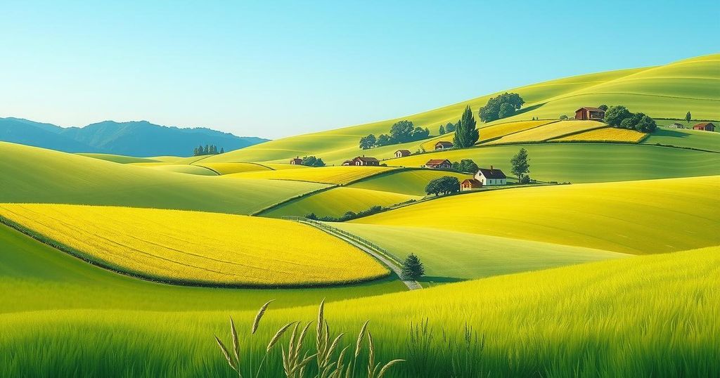 Resettlement landscape showcasing green fields and simple housing under a clear blue sky, symbolizing hope.