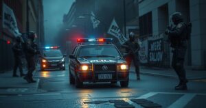 A dimly lit urban street scene depicting a police vehicle with officers in tactical gear, emphasizing tension and conflict.