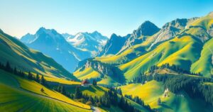 A vibrant Andean landscape with mountains, warm colors depicting a hot summer day, showcasing nature's beauty.