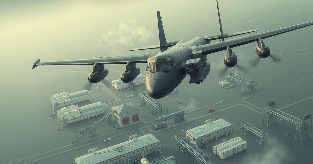 US military aircraft soaring over industrial landscapes symbolizing military operations and strategic missions.