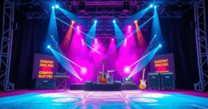 Colorful concert stage with vibrant lights and musical instruments, evoking excitement for a live performance.