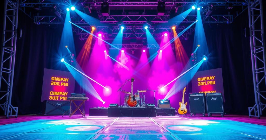 Colorful concert stage with vibrant lights and musical instruments, evoking excitement for a live performance.