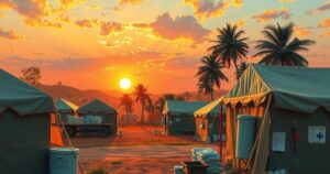 A healthcare camp setup in a rural area with tents, medical equipment, and a beautiful sunrise in Uganda.