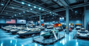 A vibrant exhibition hall showcasing advanced military technologies and defense systems during a military expo in Egypt.