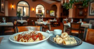 A cozy Italian restaurant setting showcasing Italian dishes like gnocchi and manicotti, vibrant color scheme with warm tones.