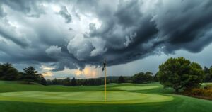 A golf course at Oakmont soaked from rain, with stormy skies above, hinting at weather delays during a tournament.