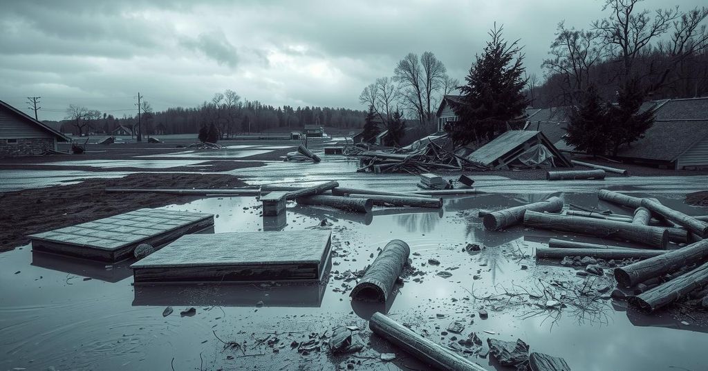 Landscape of a flood-affected area, debris scattered amidst muddy waters, with a cloudy sky reflecting the aftermath of disaster.