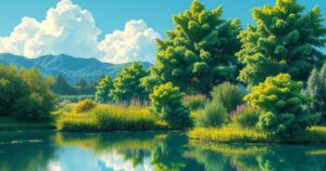 A serene landscape with clear blue skies and lush green trees, symbolizing healthy air quality and nature.