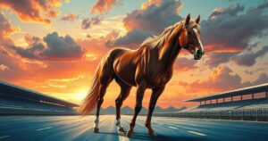 A strong, majestic horse standing proudly on a racetrack, with a vibrant sunset backdrop and dramatic clouds.