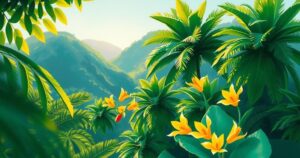 Japanese princess visiting Brazil amidst lush tropical scenery and vibrant culture, conveying a sense of royal elegance.