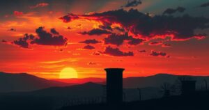 A serene landscape with a dark, ominous prison silhouette against a dramatic sunset, symbolizing fear and tension.