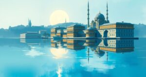 A serene landscape depicting the Bosphorus, showcasing a grand palace surrounded by lush greenery and calm waters.