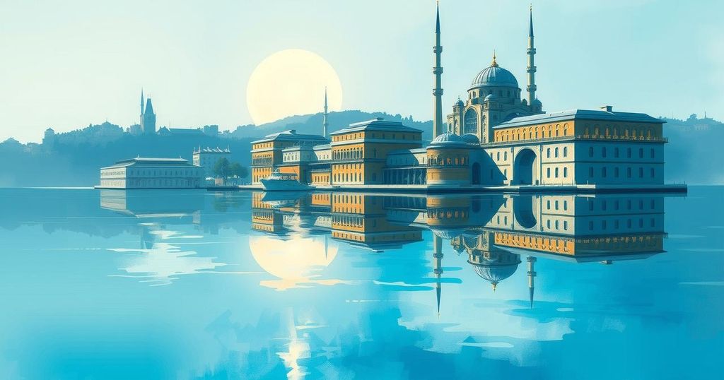 A serene landscape depicting the Bosphorus, showcasing a grand palace surrounded by lush greenery and calm waters.