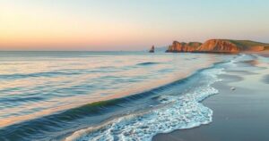 Serene coastal landscape with calm waters and distant sand ridges under soft dawn light