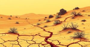 A sun-scorched landscape in Pakistan, with dry earth and sparse vegetation under a hazy sky, capturing extreme heat.