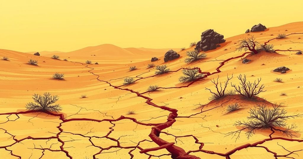 A sun-scorched landscape in Pakistan, with dry earth and sparse vegetation under a hazy sky, capturing extreme heat.