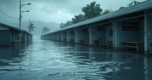 A serene landscape showing a flooded market area with abandoned stalls and rising waters under a cloudy sky.
