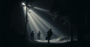 Silhouette of police forces in a forested area, with searchlights casting dramatic shadows, representing law enforcement action.