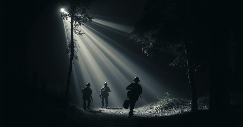 Silhouette of police forces in a forested area, with searchlights casting dramatic shadows, representing law enforcement action.