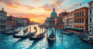 Venice's iconic gondolas and historic buildings with a sunset backdrop, reflecting luxury and beauty.