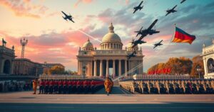 Military parade featuring iconic landmarks, soldiers in formation, and synchronized aircraft in a vibrant color palette.