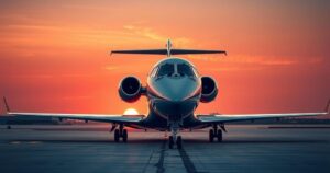 Luxury jet against a sunset sky, showcasing a sleek design with powerful engines and modern aesthetics.