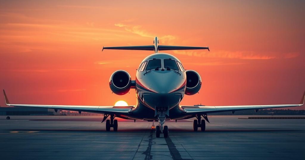 Luxury jet against a sunset sky, showcasing a sleek design with powerful engines and modern aesthetics.